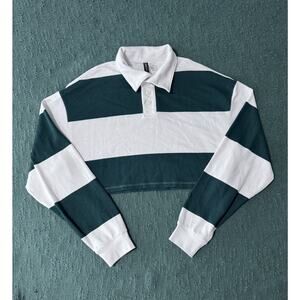 H&M Women’s Crop Top Green/White Long Sleeve Rugby Shirt - Size S